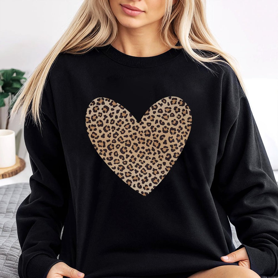 Leopard Print Heart Sweatshirt | Cozy Animal Pattern Graphic Crewneck | Premium Cotton-Poly Blend | Cute Valentine's Day Gift For Her