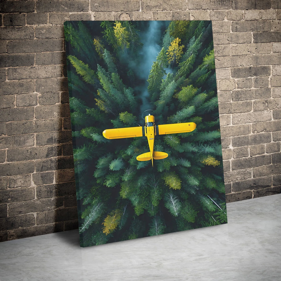 Yellow Airplane Canvas Print | Aerial Forest View Wall Art | Premium Gallery Wrap Decor | Aviation Gift for Pilots & Office