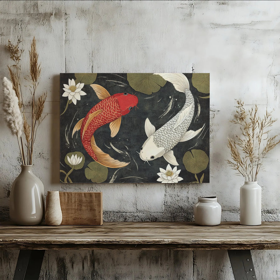 Yin Yang Koi Fish Canvas Art | Japanese Style Red and White Fish Print | Premium Gallery Wrap | Zen Home Decor Gift