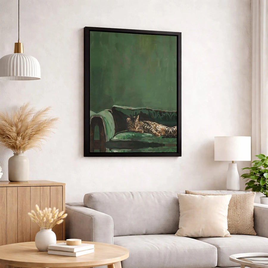 Tabby Cat On Green Couch Canvas Art | Moody Impressionist Style Wall Decor | Premium 1.25-Inch Gallery Wrap | Cozy Home Office Gift For Cat Lovers