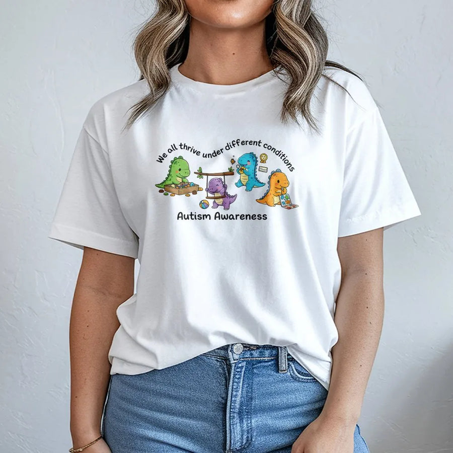 Autism Awareness Dinosaur T-Shirt | We All Thrive Under Different Conditions | Soft Unisex Pullover | SPED Teacher Inclusion Gift