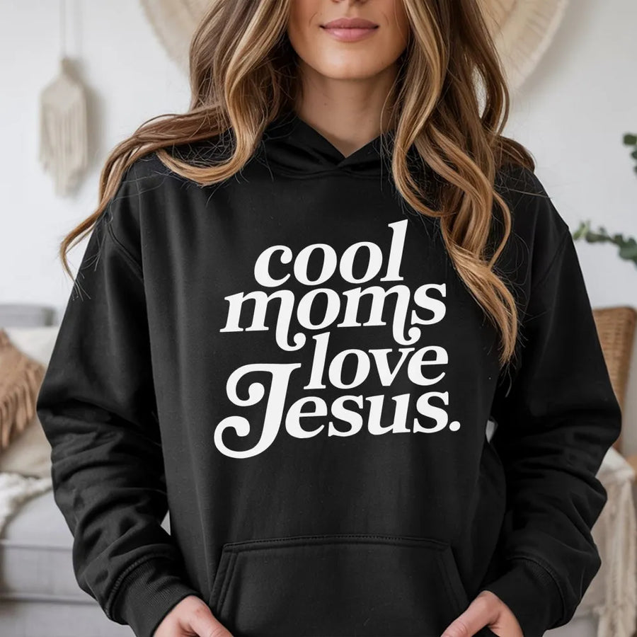 Cool Moms Love Jesus Hoodie | Retro Christian Graphic Pullover | Soft Cotton Blend | Religious Gift for Mom & Faith Based Apparel