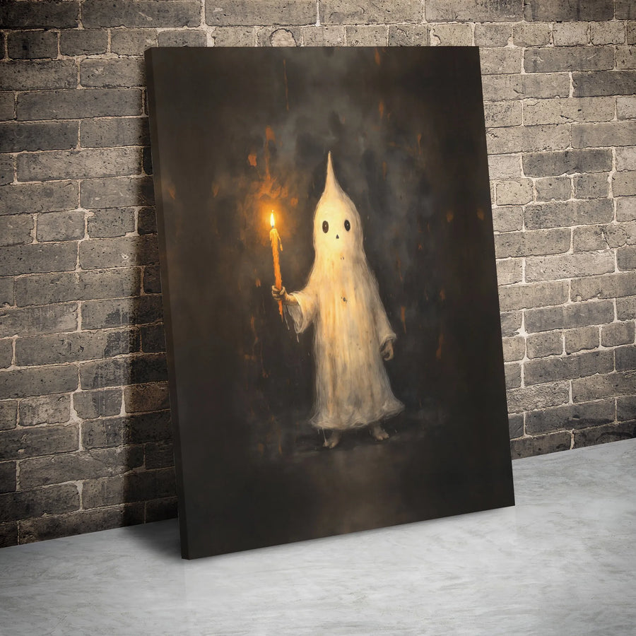 Spooky Ghost Canvas Wall Art | Little Spirit Holding A Candle | Gallery Wrapped Premium Print | Gothic Home Decor For Halloween Lovers
