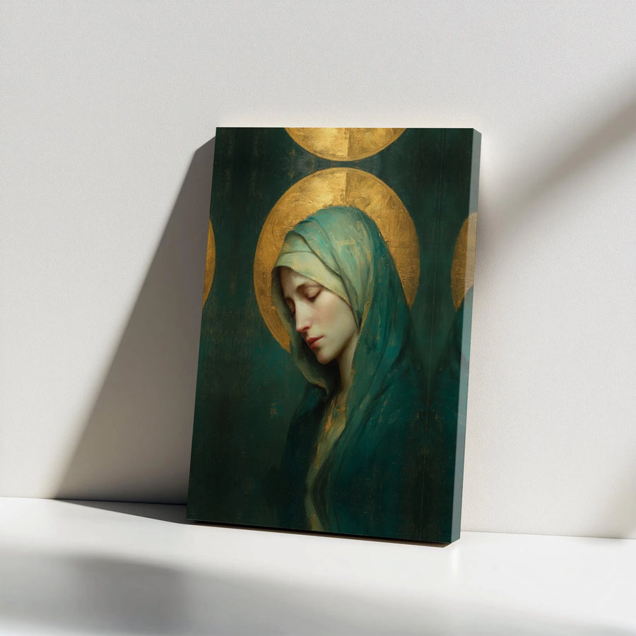 Virgin Mary Canvas Print | Renaissance Style Portrait with Gold Halo | Premium Gallery Wrapped Canvas | Christian Spiritual Wall Art Gift