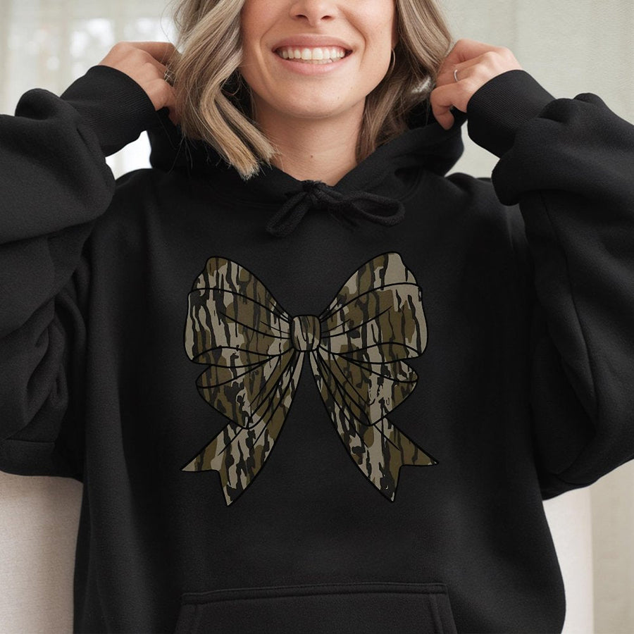 Camo Coquette Bow Hoodie | Southern Country Girl Aesthetic | Premium Cotton Blend | Trendy Outdoor Gift for Her