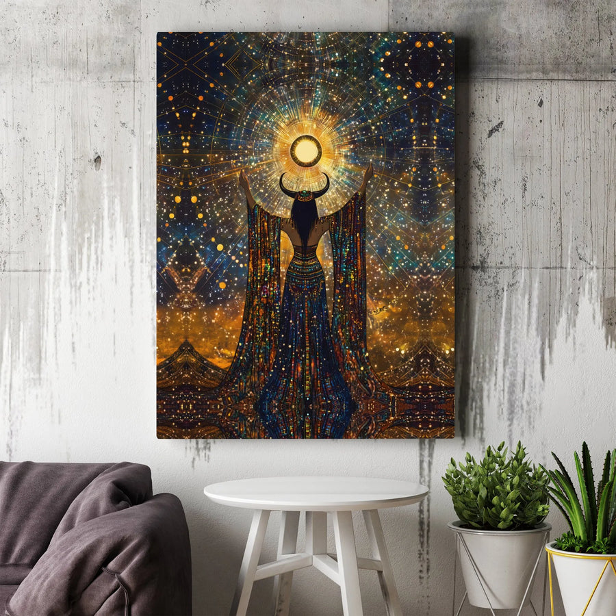 Mystical Goddess Wall Art | Celestial Horned Deity Sun Canvas | 1.25 Inch Gallery Wrap | Spiritual Home Decor Gift