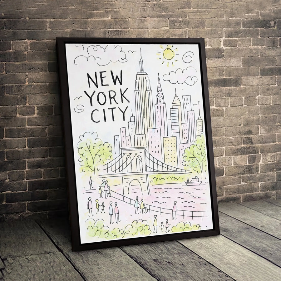New York City Canvas Art | Hand-Drawn Sketch Skyline & Brooklyn Bridge | Premium 1.25-Inch Gallery Wrap | NYC Travel Gift for Home Decor