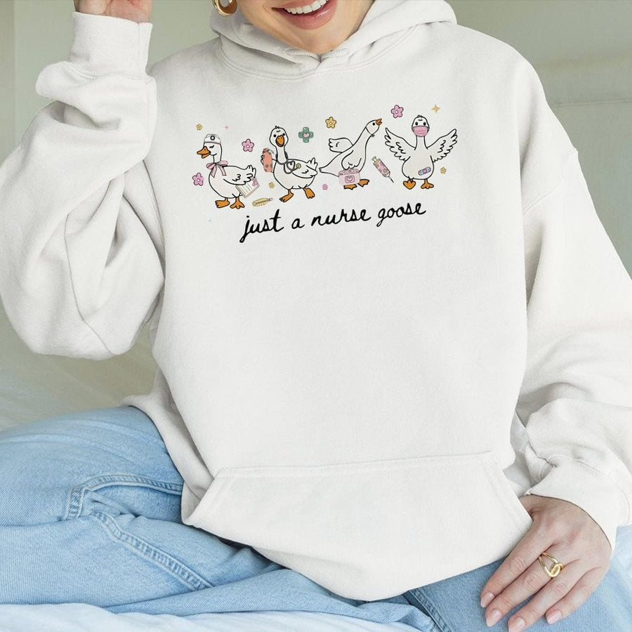 Just A Nurse Goose Hoodie | Funny Medical Graphic Pullover | Soft Cotton-Poly Blend | Cute Nursing Student Graduation Gift