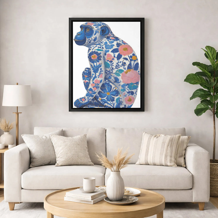 Chinoiserie Monkey Canvas Art | Floral Blue And Gold Kintsugi Print | Gallery Quality 1.25 Inch Wrap | Elegant Living Room Home Decor Wall Art