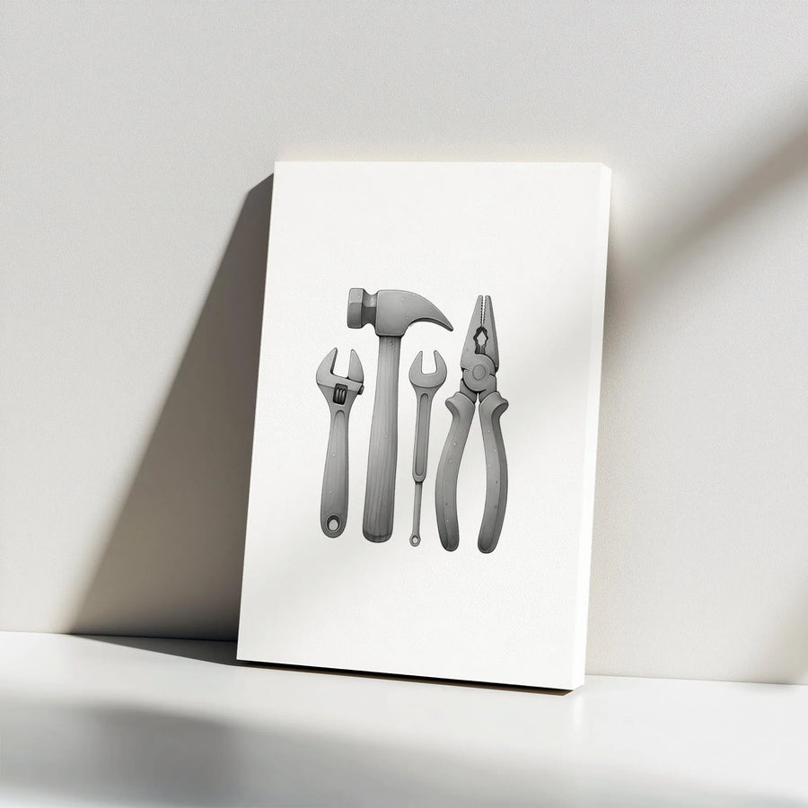 Hand Tools Wall Art Canvas | Grayscale Workshop Equipment Illustration | Premium Gallery Wrap Print | Man Cave Decor Gift For Him