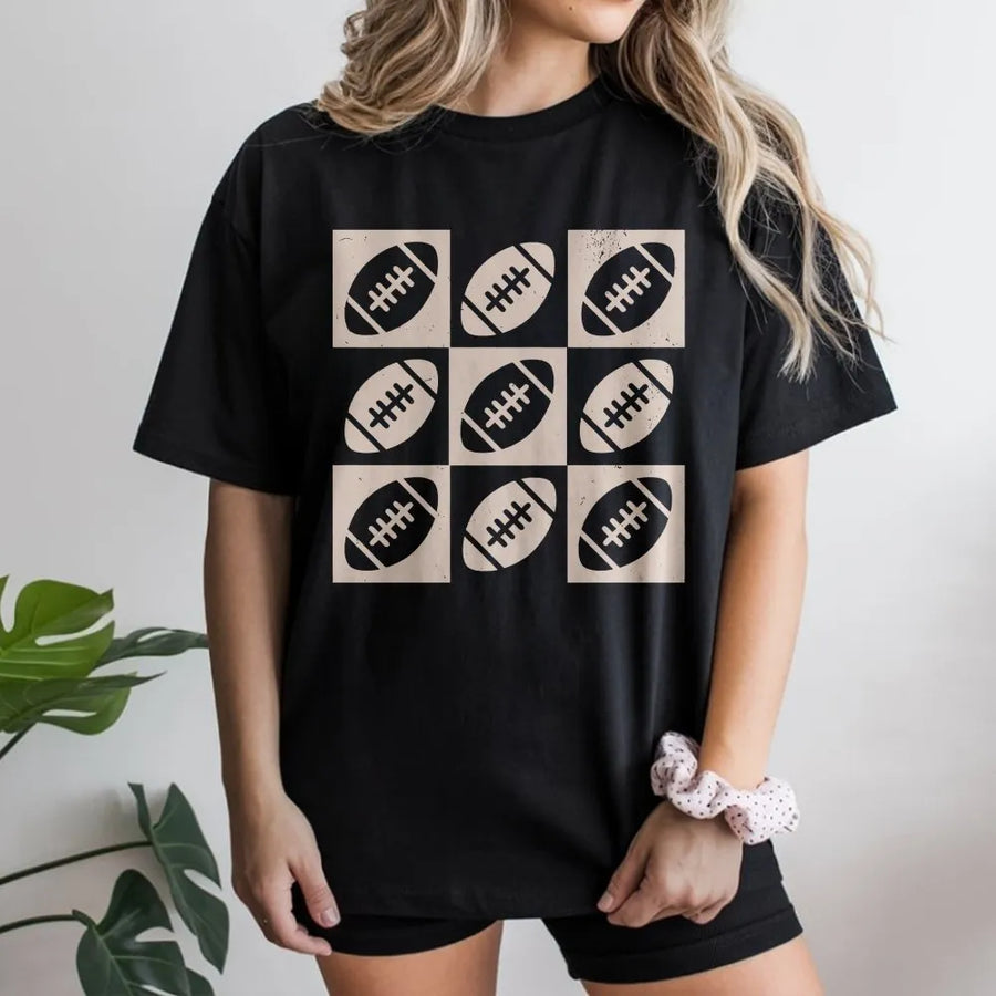Checkered Football Shirt | Retro Game Day Grid Graphic | Premium Soft Cotton Tee | Gift for Football Mama