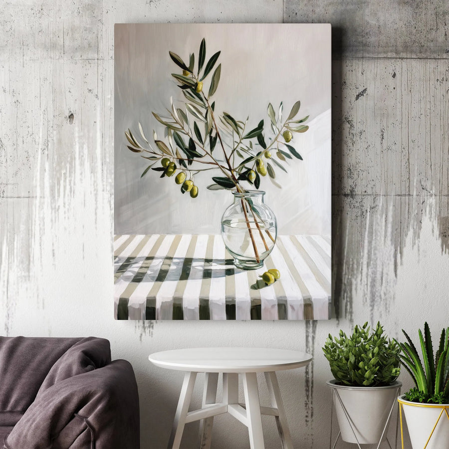 Olive Branch Still Life Canvas Print | Botanical Kitchen Wall Art | 1.25" Premium Gallery Wrapped | Mediterranean Home Decor Gift