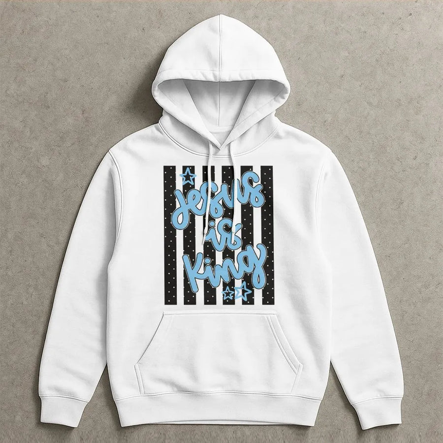 Jesus Is King Hoodie | Trendy Striped Polka Dot Graphic | Premium Cotton-Poly Blend | Inspirational Gift for Christian Women
