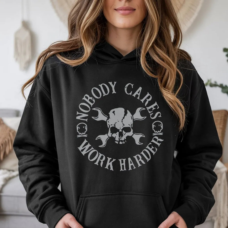 Nobody Cares Work Harder Hoodie | Mechanic Skull Wrench Graphic | Soft Cotton Blend Premium Pullover | Motivational Gift for Men and Women