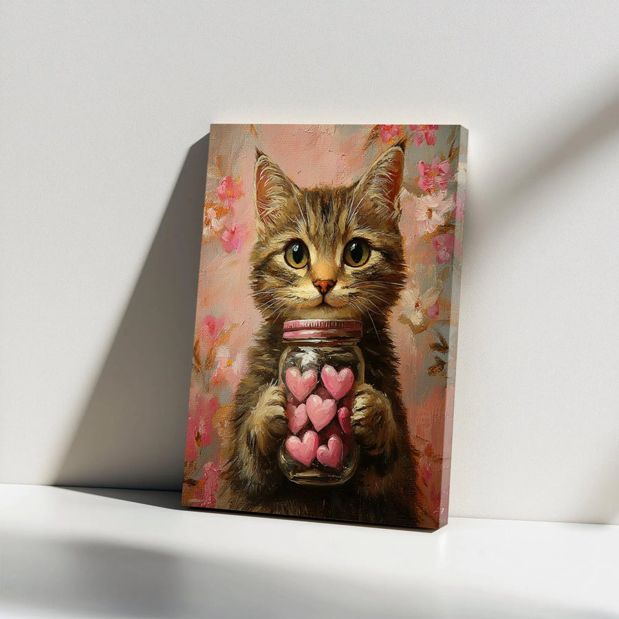 Cute Cat Canvas Wall Art | Kitten Holding Jar of Hearts | Premium Textured Print | Romantic Gift for Cat Lover, Nursery Decor