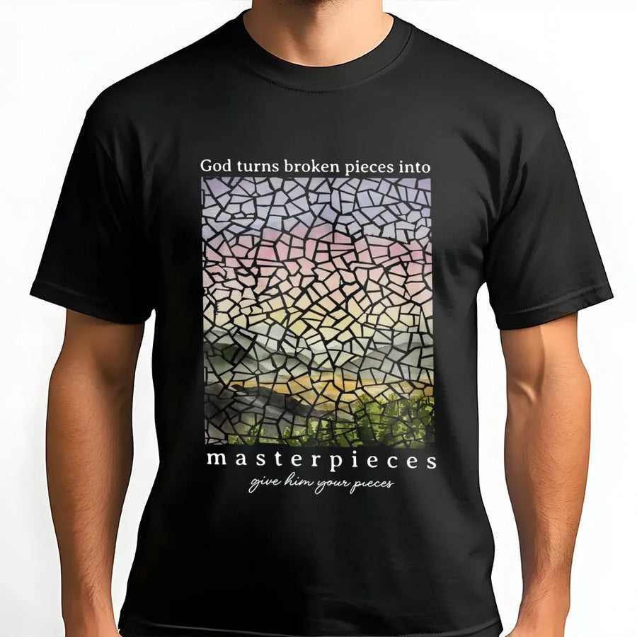 God Turns Broken Pieces Into Masterpieces T-Shirt | Stained Glass Aesthetic Design | Premium Soft Cotton | Faith-Based Inspirational Gift For Her