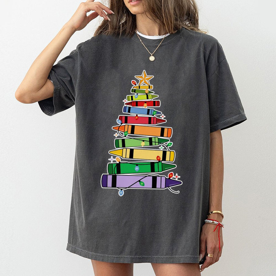 Crayon Christmas Tree Teacher T-Shirt | Festive Art Teacher Holiday Graphic | 100% Cotton Premium Tee | Unique Gift for Educators & Students
