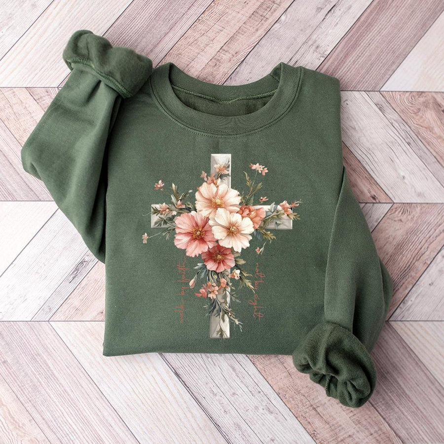 Floral Cross Sweatshirt | Walk By Faith Not By Sight Christian Quote | Premium Cotton Blend Crewneck | Religious Gift for Women