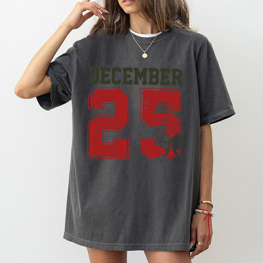 December 25 Christmas T-Shirt | Distressed Varsity Style Holiday Graphic | 100% Soft Cotton | Unisex Festive Gift for Family and Friends