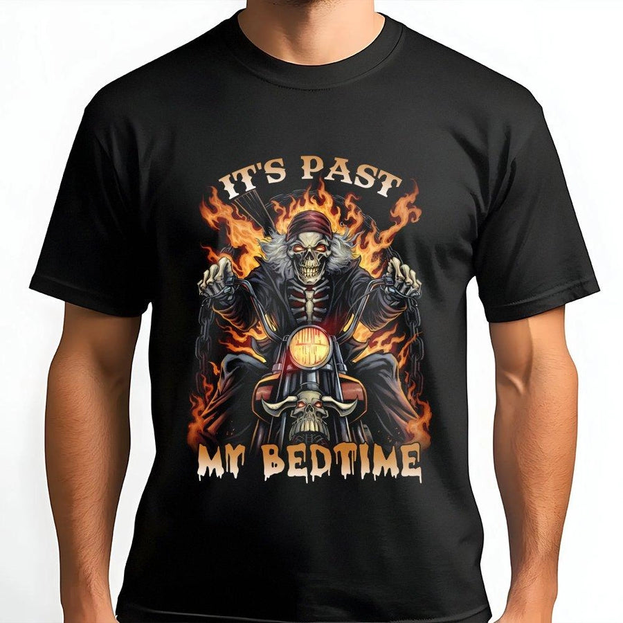 It's Past My Bedtime Biker T-Shirt | Flaming Skeleton Motorcycle Graphic | Premium 100% Cotton Tee | Funny Biker Gift for Men & Women