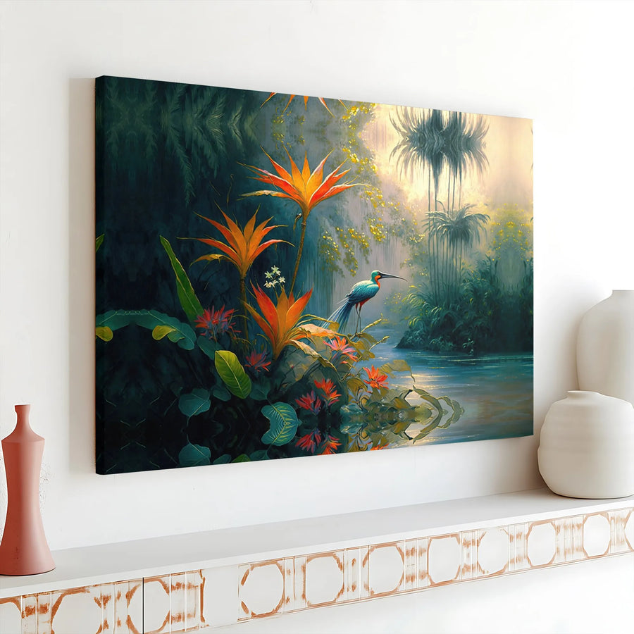 Tropical Rainforest Canvas Wall Art | Exotic Bird & Botanical Flowers Painting | Premium Gallery Wrapped Canvas | Nature Lover Decor Gift
