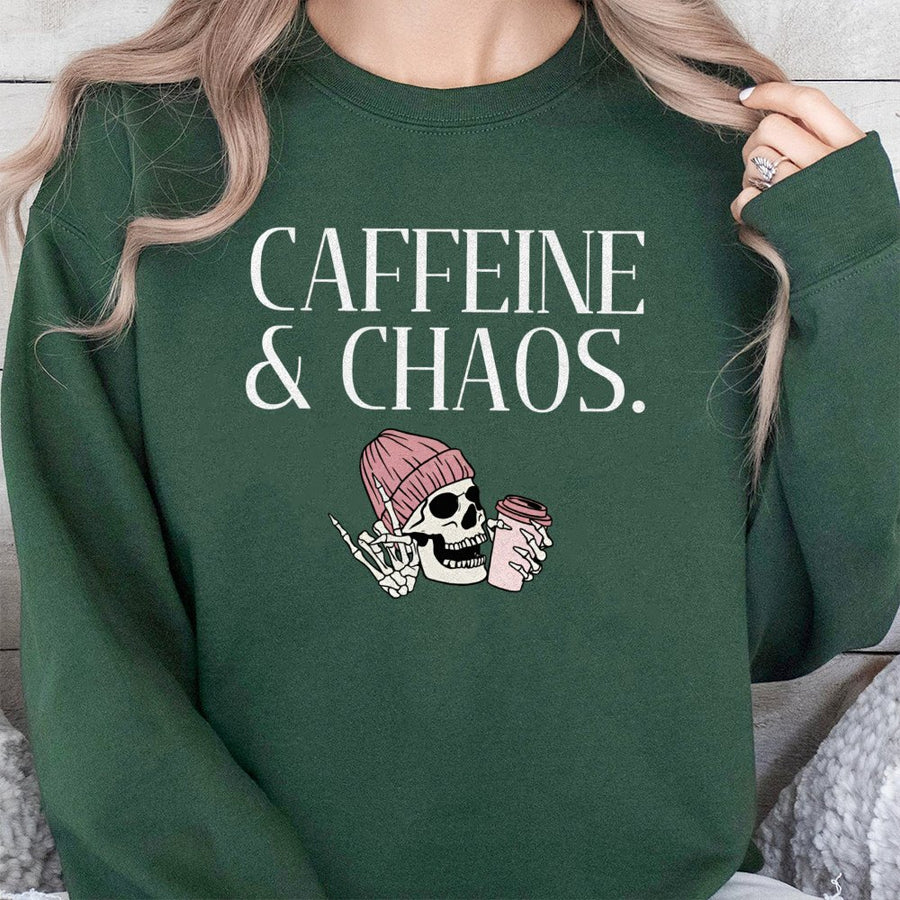 Caffeine & Chaos Skeleton Sweatshirt | Pink Beanie Coffee Graphic | Premium Soft Blend Crewneck | Trendy Aesthetic Gift for Coffee Lovers
