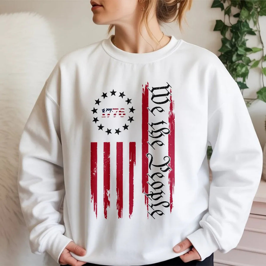 We The People 1776 Sweatshirt | Vintage Distressed Vertical USA Flag | Premium Cotton Blend | Patriotic 4th of July Gift for Men