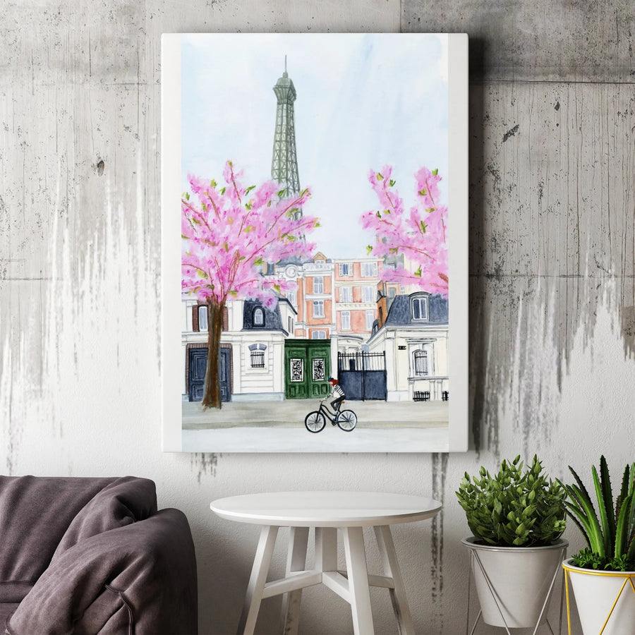 Paris Eiffel Tower Canvas Wall Art | Watercolor Cherry Blossom Scene | Premium Gallery Wrapped Print | Romantic French Country Decor Gift