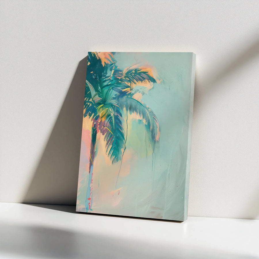Abstract Palm Tree Canvas Wall Art | Teal and Pink Coastal Print | Premium Gallery Wrap 1.25” Frame | Modern Beach House Decor for Living Room