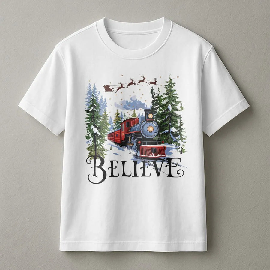 Believe Christmas Train T-Shirt | Retro Winter Forest Graphic Tee | Premium 100% Cotton Apparel | Festive Holiday Gift for Train Lovers