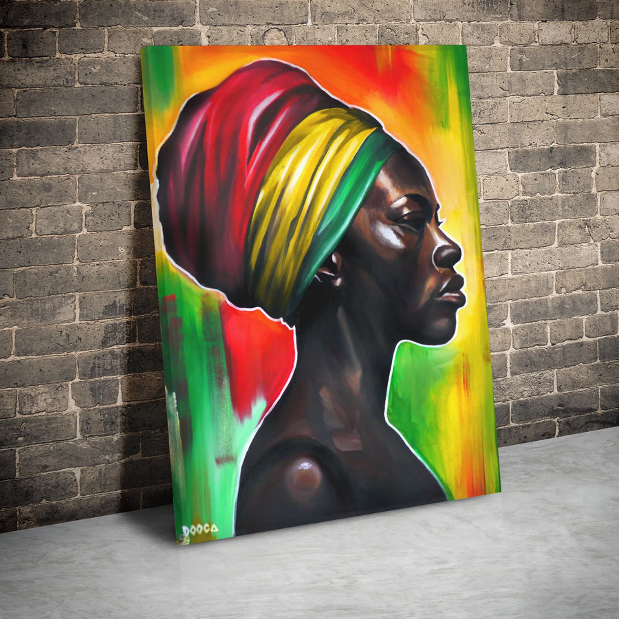 African American Woman Wall Art | Rasta Headwrap Oil Painting Style | Premium 1.25" Gallery Wrapped Canvas | Black Art for Modern Home Decor