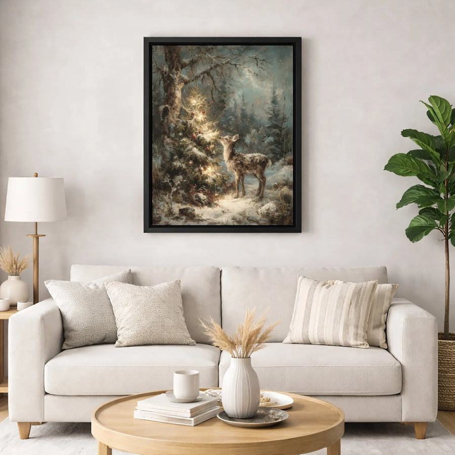 Christmas Deer Canvas Wall Art | Snowy Forest Lit Tree Winter Painting | Gallery-Quality 1.25 Inch Thick Wrap | Holiday Home Decor Gift