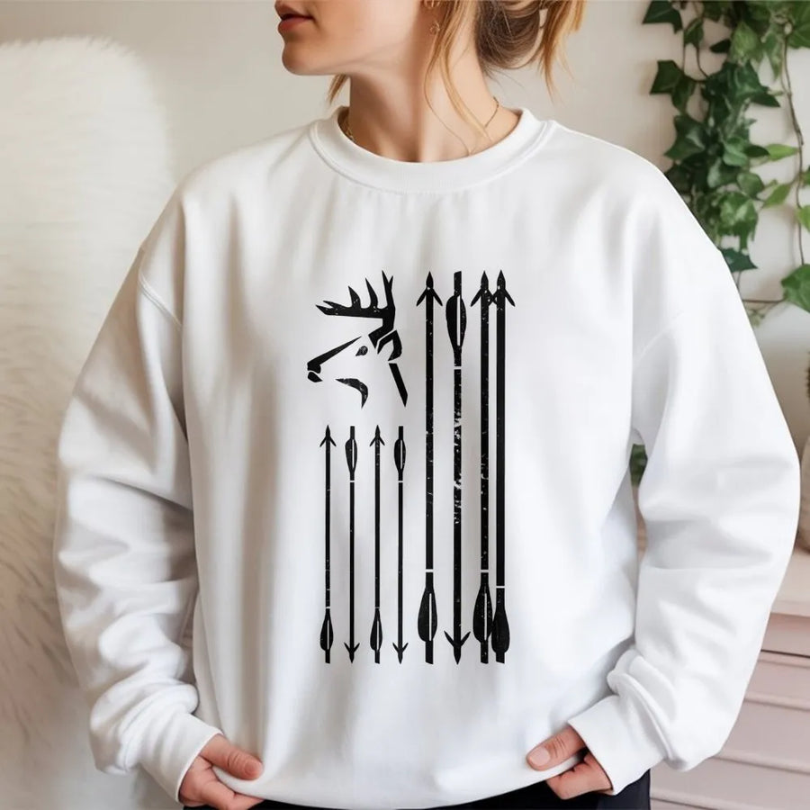 Deer Hunting Sweatshirt | American Flag Arrow Design | Premium Cotton Blend Apparel | Archery Hunter Gift for Men and Women