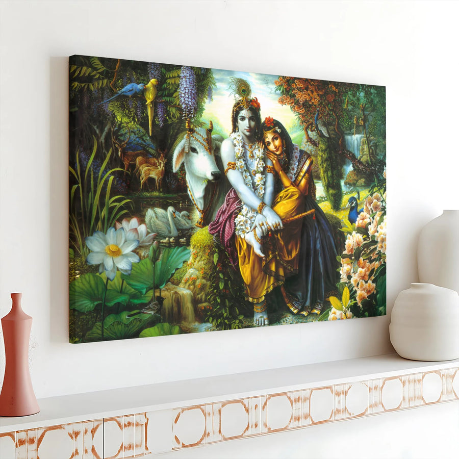 Radha Krishna Canvas Wall Art | Vibrant Hindu Deity Artwork | Premium Thick Gallery Canvas | Spiritual Home Decor Gift