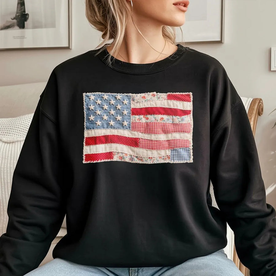 American Flag Sweatshirt | Vintage Quilt Style Patchwork Print | Soft Unisex Crewneck | Patriotic Fourth of July Gift