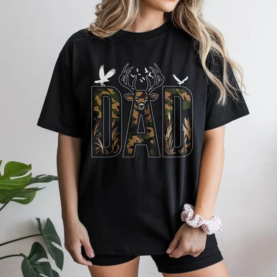 Hunting Dad T-Shirt | Camo Deer Graphic Tee for Outdoorsman | Premium Cotton Shirt | Unique Father's Day Gift for Hunter