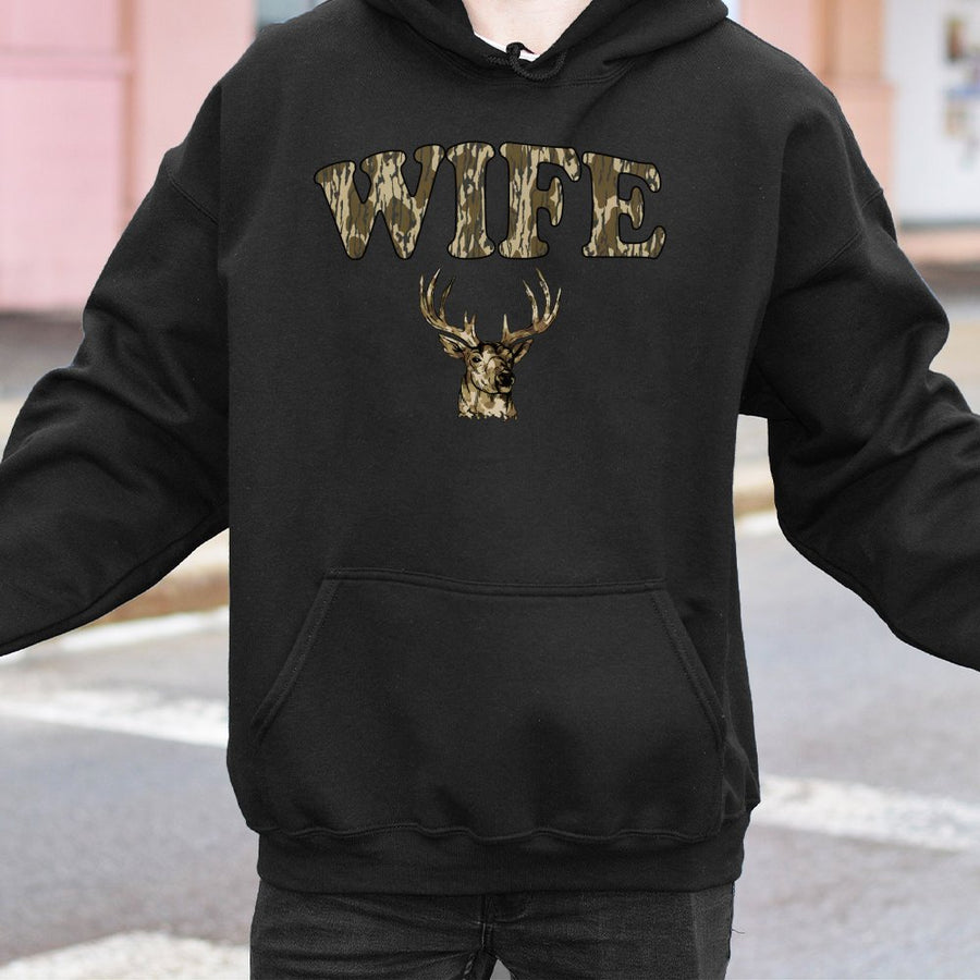 Wife Hunting Hoodie | Deer Antler Camo Design | Premium Cotton Blend | Gift For Hunter Wife and Outdoor Enthusiast