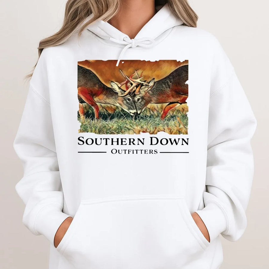 Deer Hunting Hoodie | Fighting Bucks Wildlife Graphic | Premium Cotton Blend Sweatshirt | Gift for Hunters and Outdoorsmen