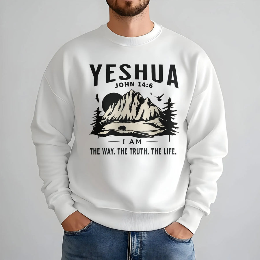 Yeshua John 14:6 Sweatshirt | Mountain Nature Aesthetic Graphic | Premium Cotton Blend | Inspirational Christian Gift for Men and Women