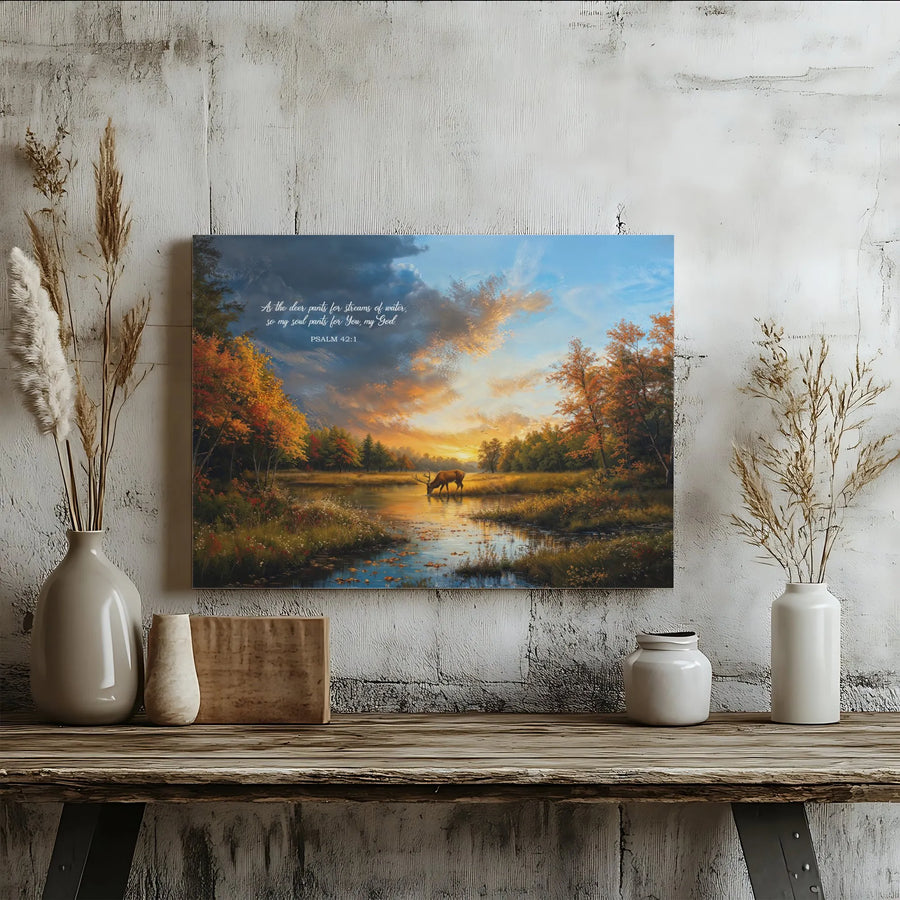 Psalm 42:1 Canvas Wall Art | Deer in Autumn Forest Landscape | Premium Gallery Wrapped Canvas | Inspirational Christian Home Decor Gift
