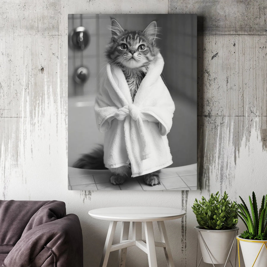 Funny Cat Canvas Wall Art | Bathroom Decor Portrait | Premium Gallery Wrap Print | Whimsical Animal Lover Gift