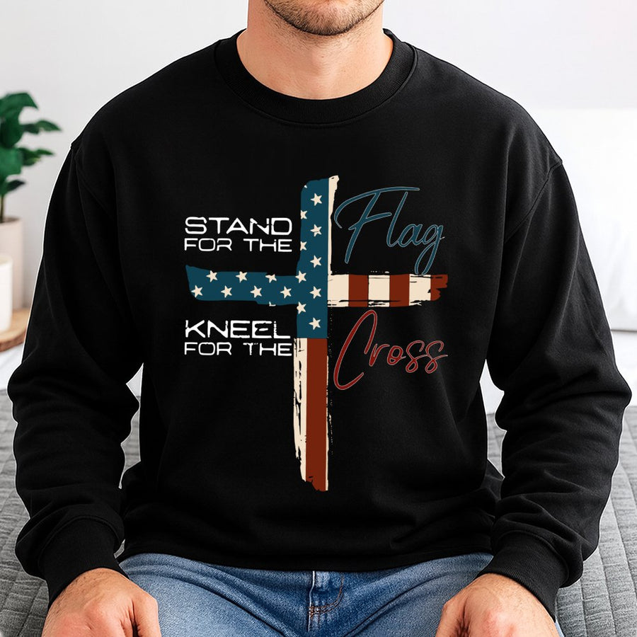 Stand For The Flag Kneel For The Cross Sweatshirt | Patriotic Christian Faith Graphic | Premium Cotton Blend | Unisex Gift For Patriots