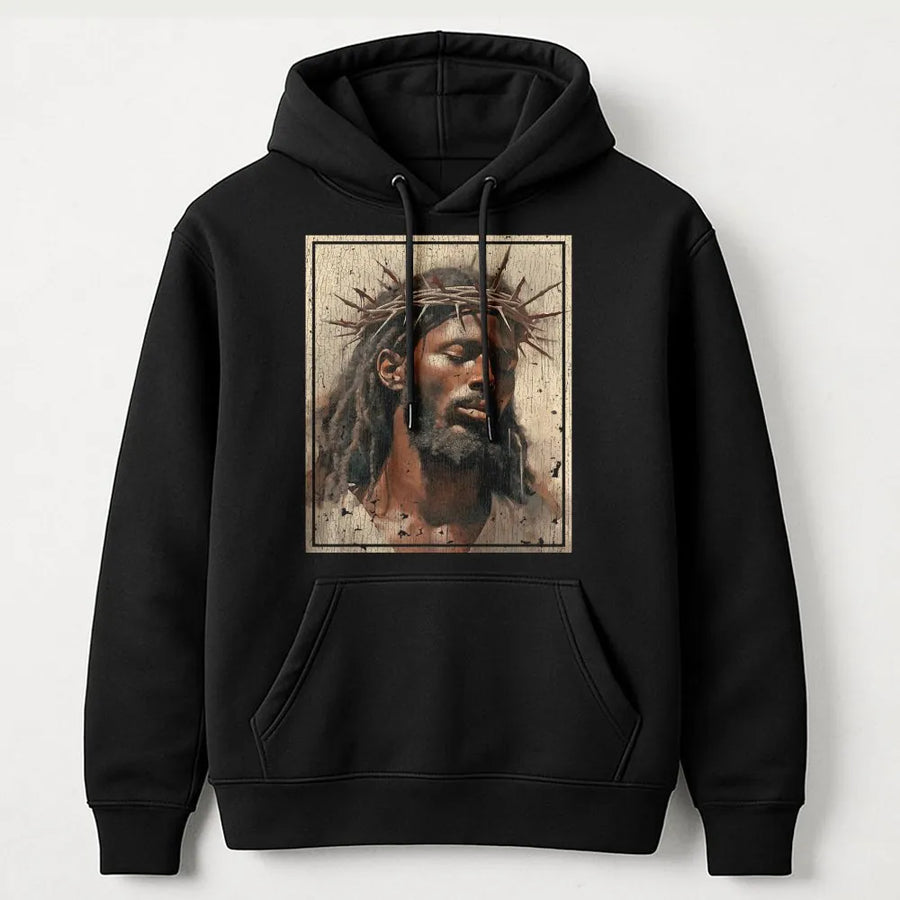 Black Jesus Hoodie | Crown of Thorns Religious Art | Premium Cotton-Blend Pullover | Christian Faith Gift for Men and Women