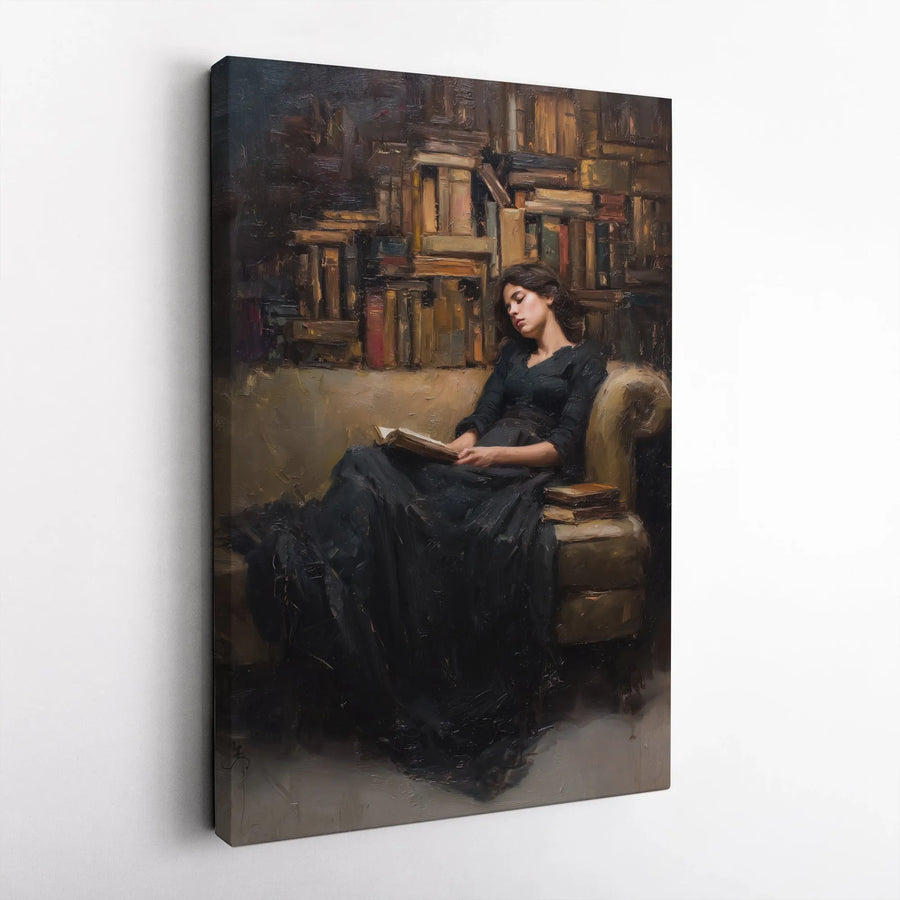 Dark Academia Vertical Canvas | Vintage Woman Reading Painting | Premium Gallery Canvas | Gift for Book Lovers & Readers, Library Decor