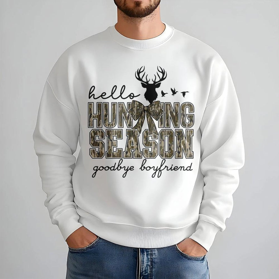 Hello Hunting Season Goodbye Boyfriend Sweatshirt | Camo Deer Antler Print | Premium Cotton Blend | Funny Hunter Gift for Women