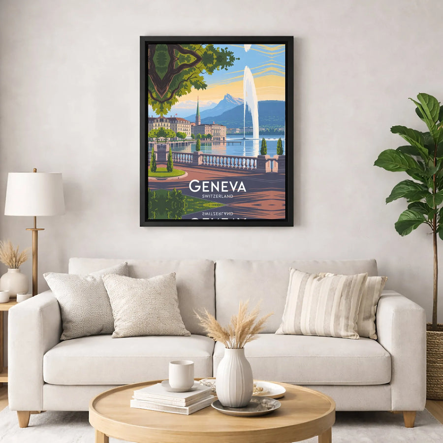 Geneva Switzerland Travel Poster | Vintage Jet D'Eau Fountain Art | Premium Gallery-Wrapped Canvas | Swiss City Wall Decor Gift