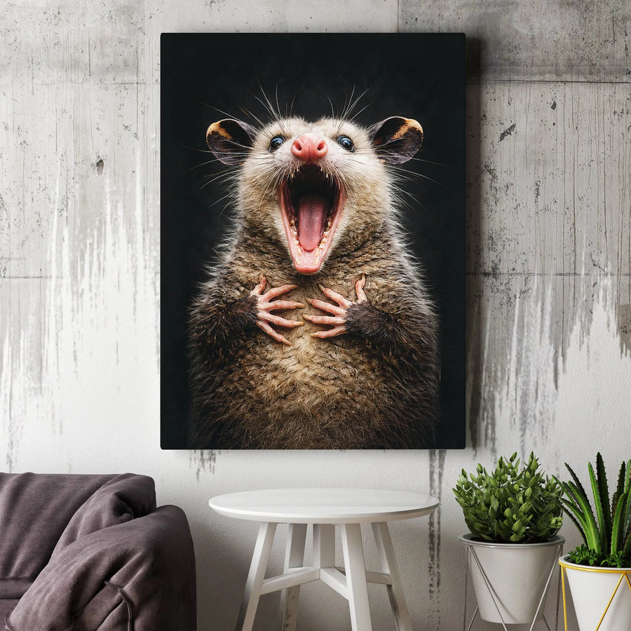 Screaming Opossum Canvas Wall Art | Funny Animal Portrait Hissing Expression | Premium 1.25-Inch Gallery Wrap | Unique Home Decor Gift For Wildlife Lovers