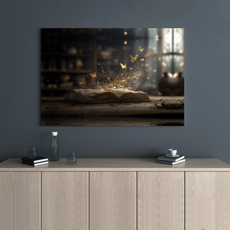 Magical Book Canvas Print | Golden Butterflies & Sparkle Art | Premium Gallery Wrap | Whimsical Home Decor Gift for Book Lovers