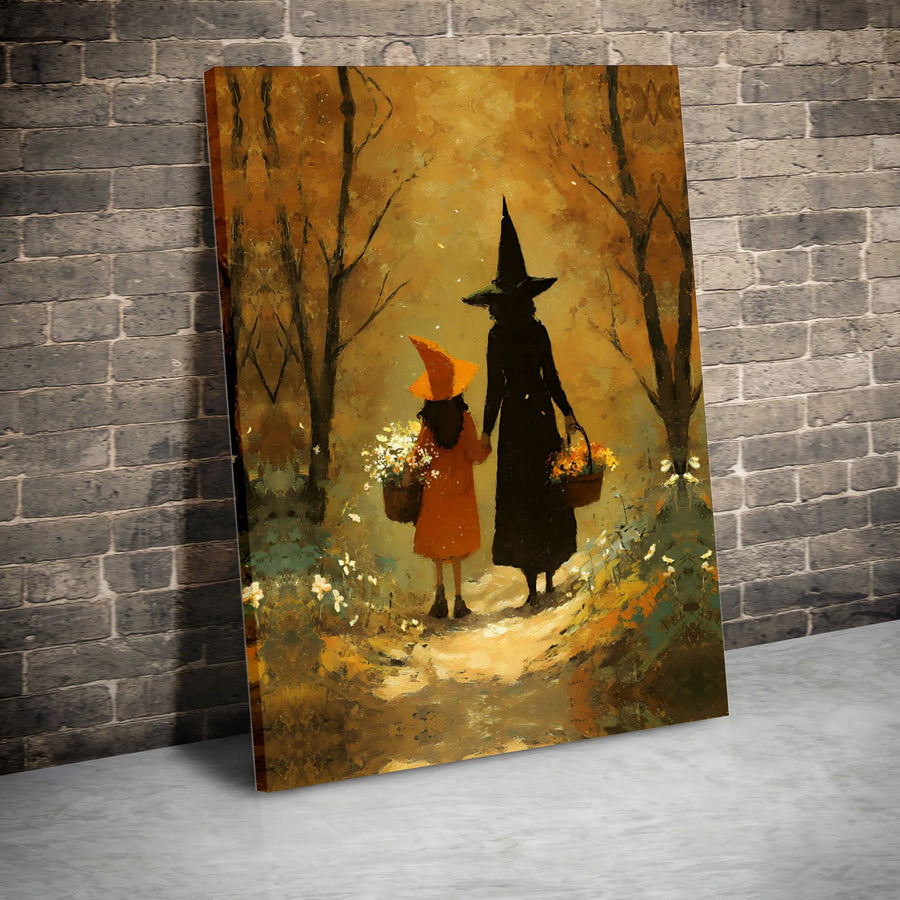 Mother and Daughter Witches Wall Art | Autumn Forest Whimsical Painting | 1.25-Inch Premium Gallery Canvas | Halloween Home Decor Gift