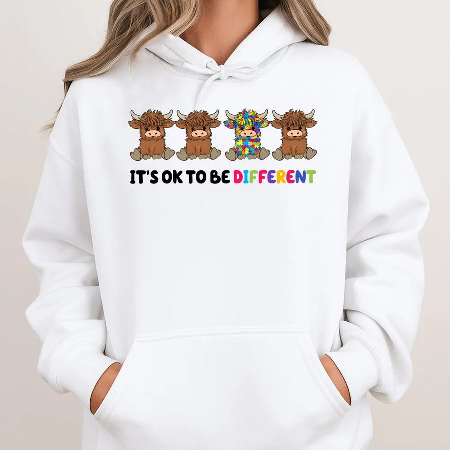 Autism Awareness Hoodie | Highland Cow It's Ok To Be Different | Cozy Cotton Blend | Neurodiversity Support Gift for Adults
